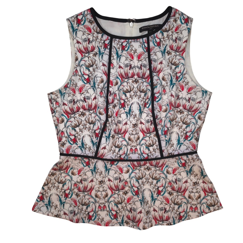 Banana Republic Floral Peplum Top Sleeveless Contrast Trim Petite 4P‎ White Red
